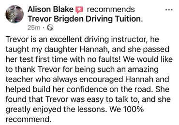 Positive review praising Trevor Brigden's driving lessons and teaching skills.