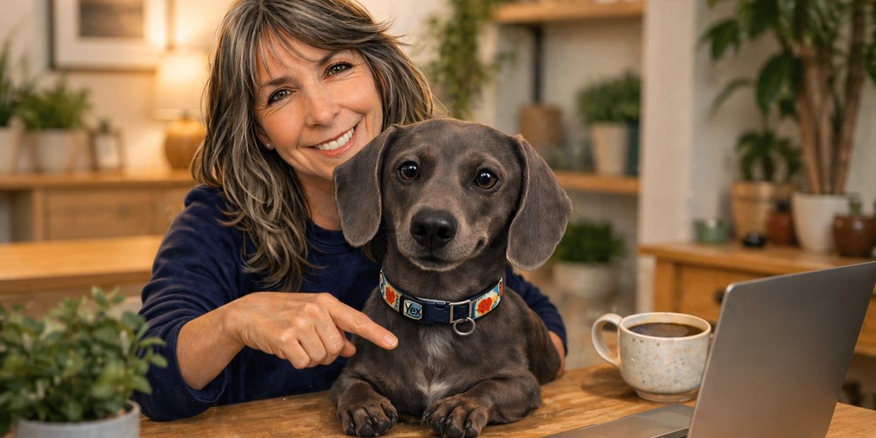 Woman smiling and pointing at her dog sitting on a table beside a laptop and coffee.