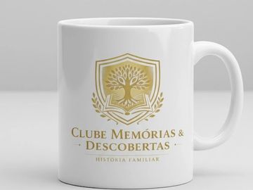 White mug with gold family history club logo and text.