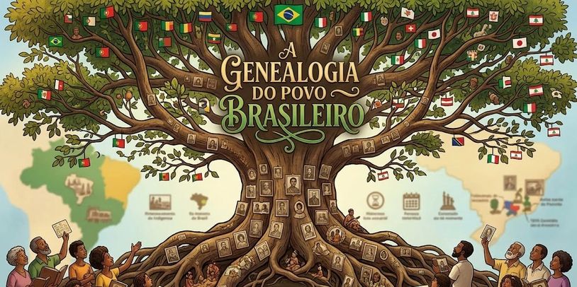 Illustration of the genealogy of the Brazilian people with a tree and flags representing origins.