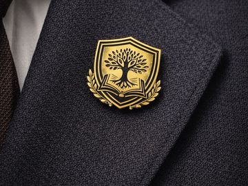 A gold emblem with a tree and book design pinned on a dark textured coat.