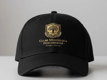 Black cap with a golden emblem and text.
