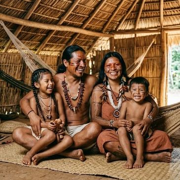 A joyful indigenous family sitting together inside a traditional hut.