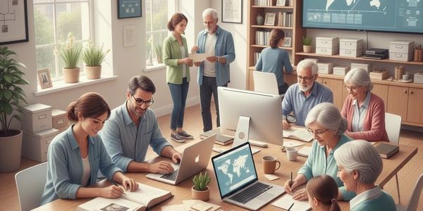 Multigenerational group collaborating in a bright, modern office space.