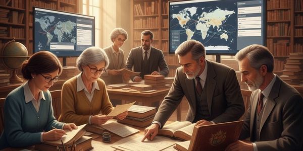 Group of researchers analyzing historical maps in a library setting.