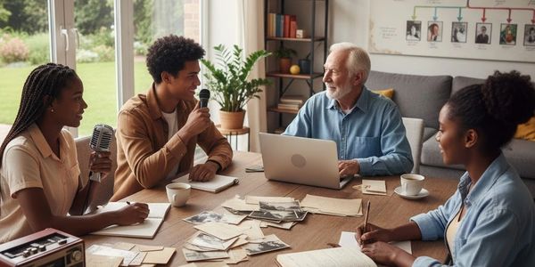 A diverse group interviews an elderly man in a cozy room filled with papers and photos.