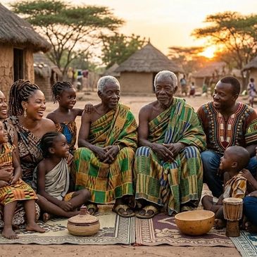 A joyful African family in traditional attire gathered outdoors at sunset.