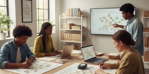 Team collaborating on a project with laptops and charts in a modern office.