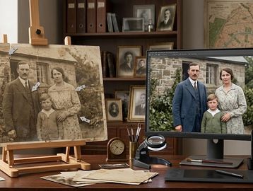 A vintage family photo being digitally restored on a computer screen.