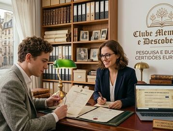 Two people discussing documents in a cozy office with books and a laptop.