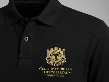 Black polo shirt with a gold embroidered logo and text.