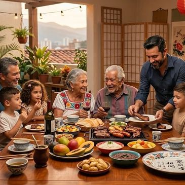 A happy family sharing a meal together at a festive table.