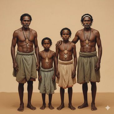 Two adult men and two boys wearing traditional attire with necklaces.