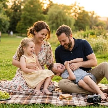 Happy family enjoying a picnic in a sunny park.