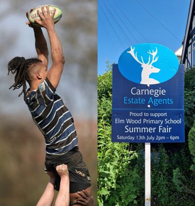 Rugby player catching a ball and a summer fair sign at Carnegie Estate Agents.