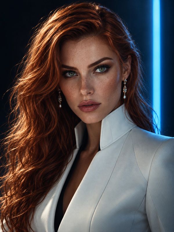 Portrait of a woman with red hair and green eyes.