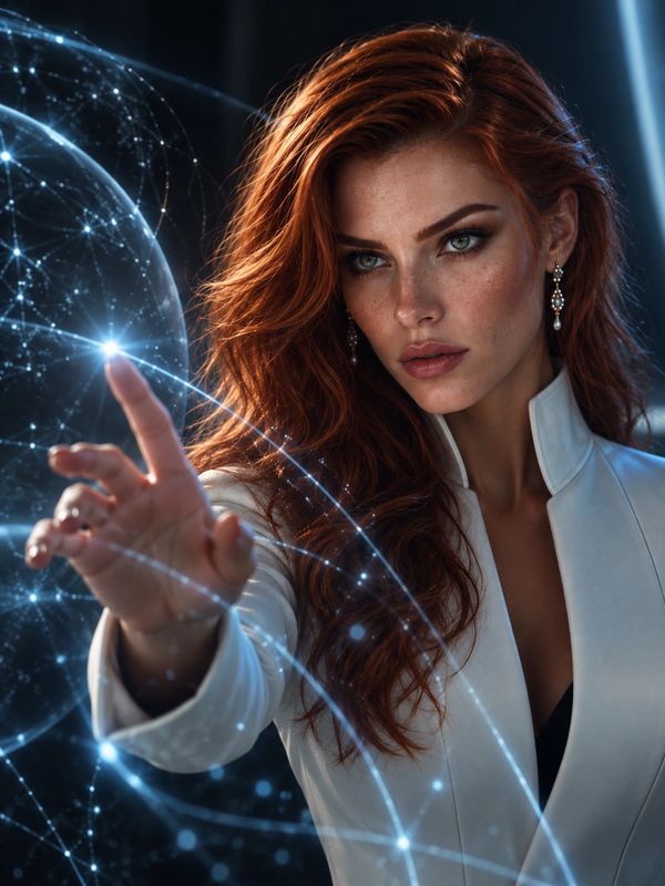 Woman with red hair interacting with futuristic holographic display.