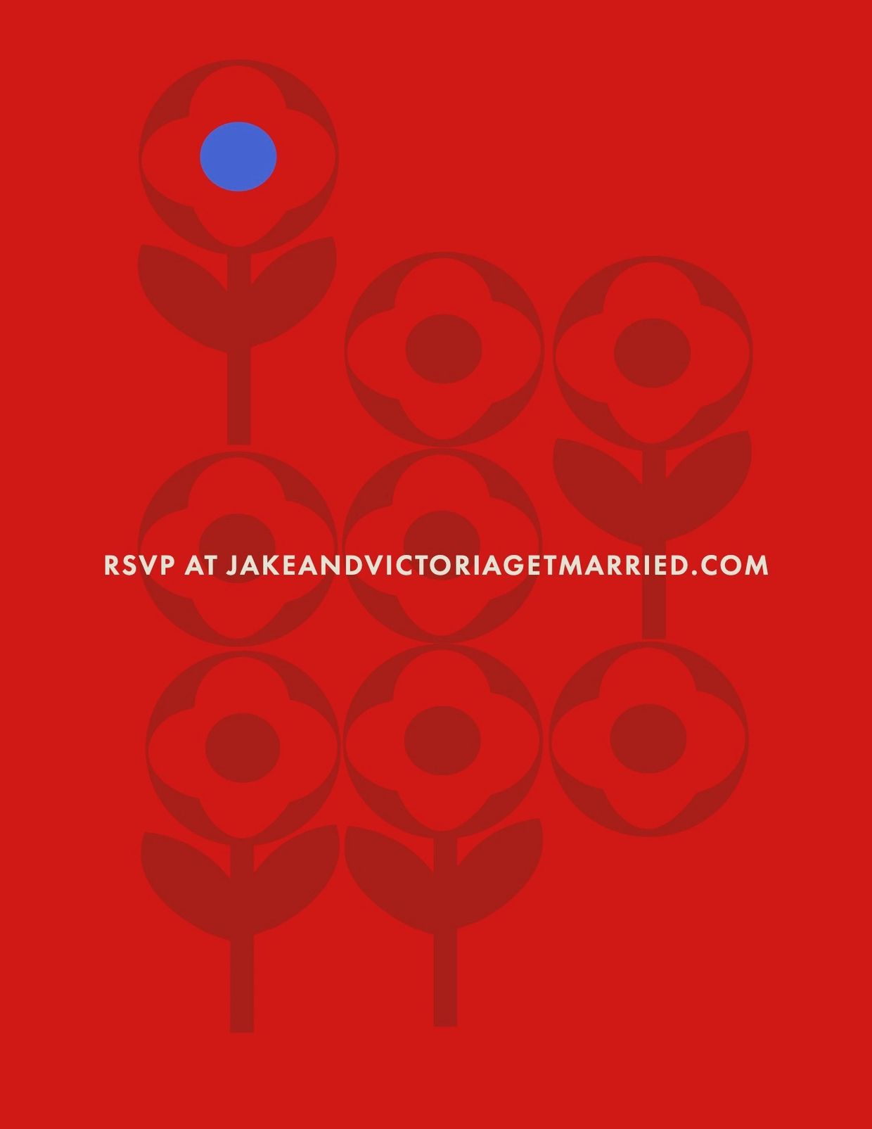 Red background with stylized red flowers and RSVP text for a wedding website.