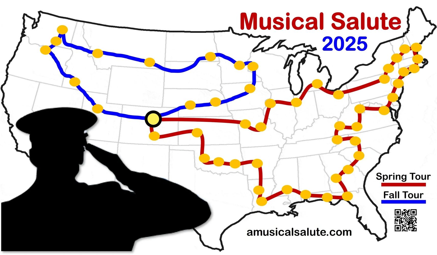 Map showing 2025 Musical Salute tour routes across the United States with spring and fall paths.