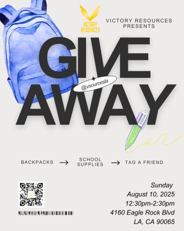 Giveaway event for backpacks and school supplies on August 10, 2025.
