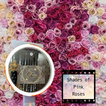 A selfie ring light mirror photo booth in front of a  backdrop with various shades of pink roses.