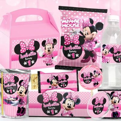 Minnie Mouse custom design chip bags, water bottles, gift bag, and capri sun juice party favors.