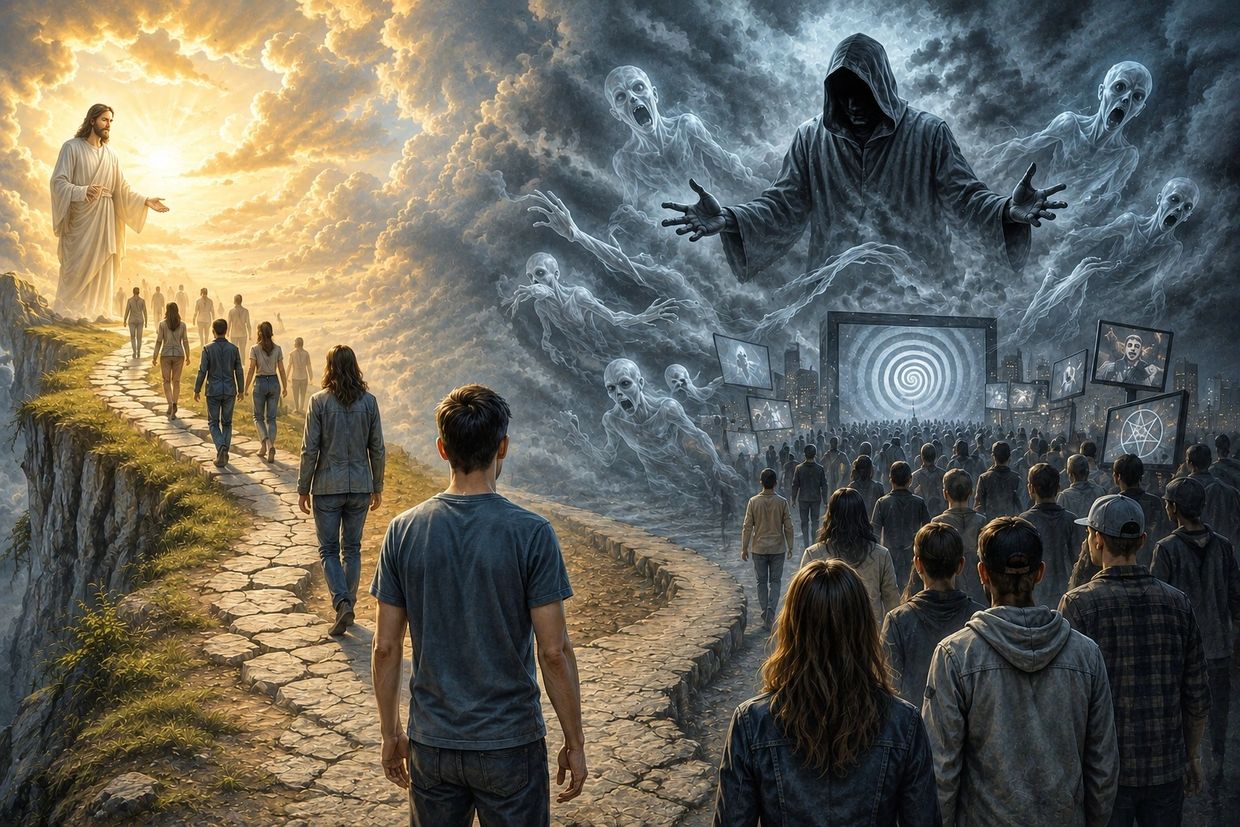 People choose between light with Jesus and darkness with evil spirits.