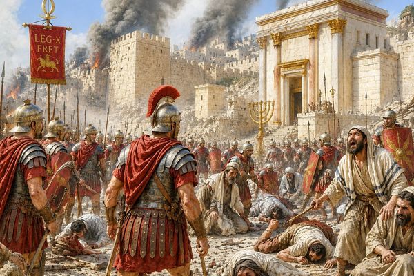 Roman soldiers besieging an ancient city with smoke and destruction.