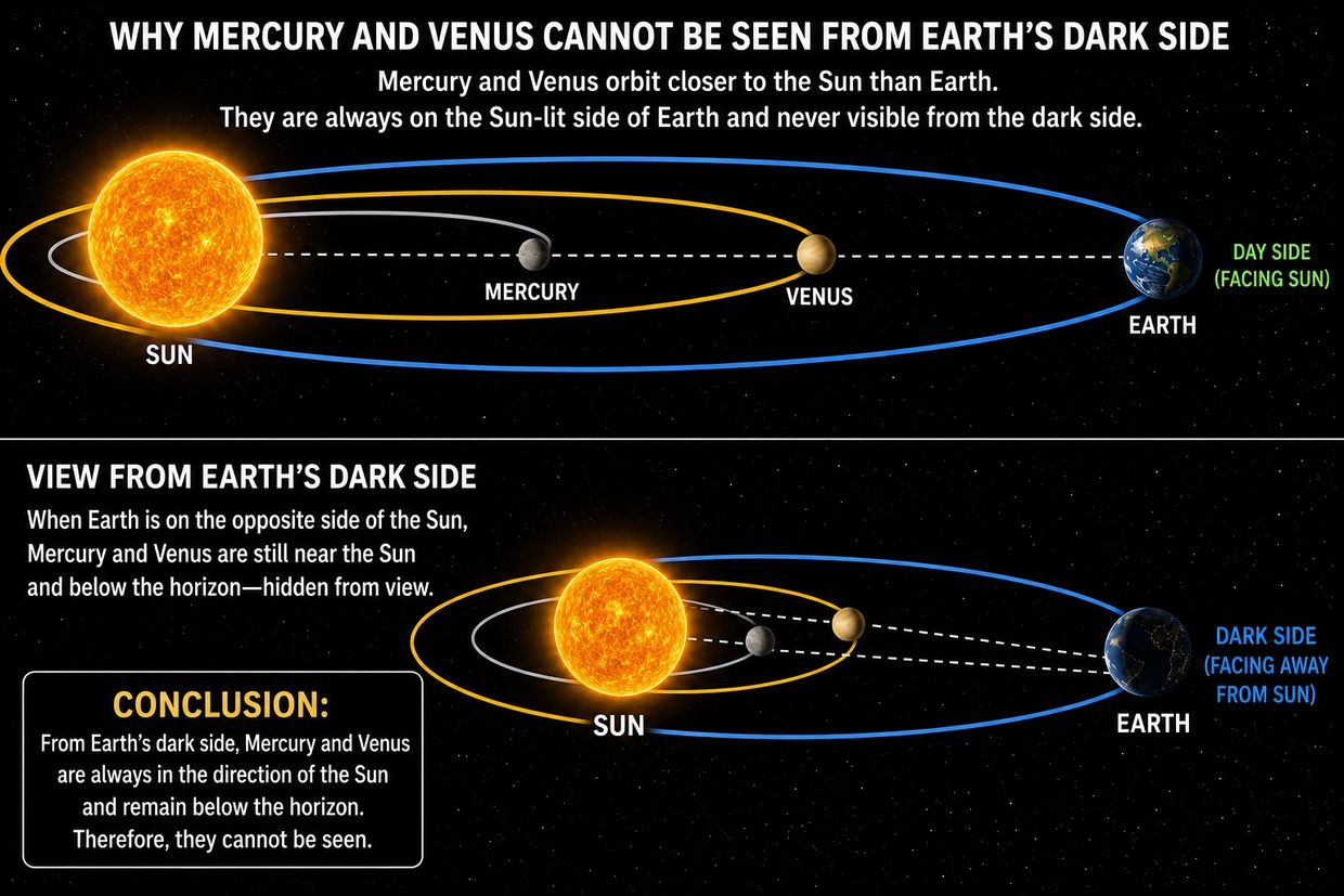 Diagram explaining why Mercury and Venus can't be seen from Earth's dark side.