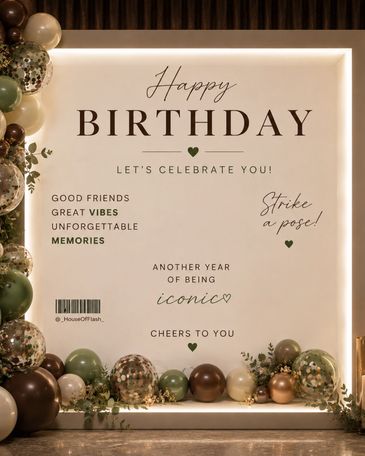Elegant birthday message with balloons and greenery. Vogue luxury editorial photo booths