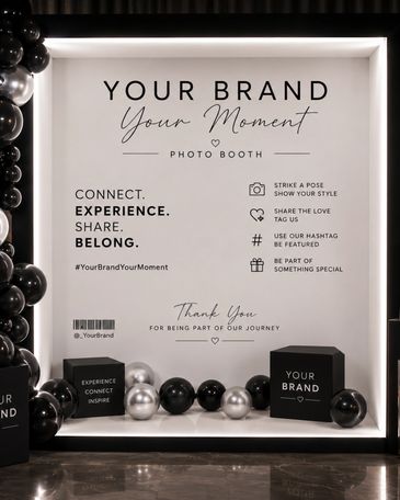 Photo booth backdrop with branding and instructions. Vogue luxury editorial photo booths