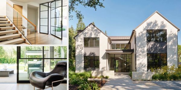 modern farmhouse painted beign and tall windows modern stair interior and chair with backyard view