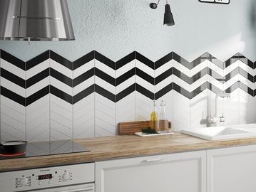chevron tiles, black and white tiles, white body tiles, wall tiles.