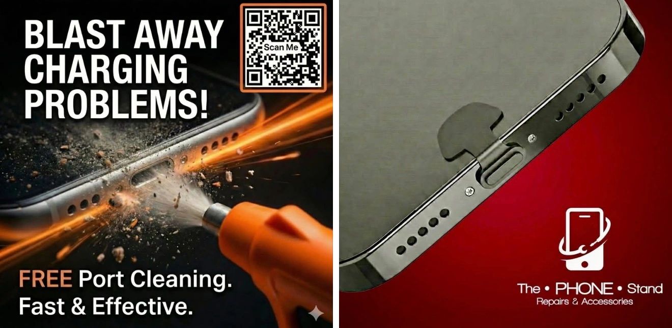 Charging port being cleaned on a mobile phone, dust cover inserted in a mobile phone.