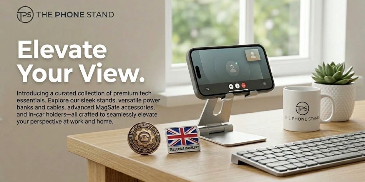 Phone stand on desk with MagSafe gear, power banks. 30-year expertise badge. www.thephonestand.co.uk