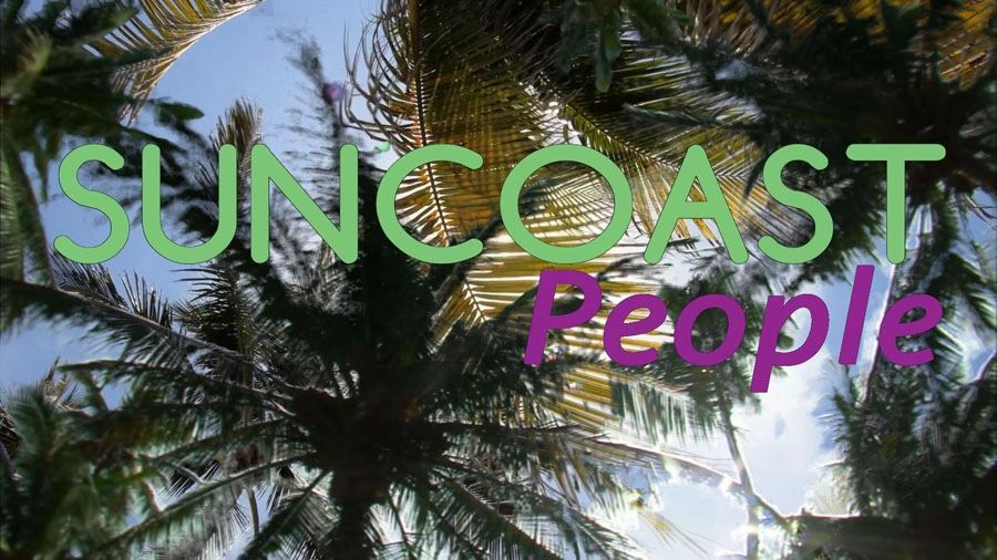 A picture of palm trees in the blue skies looking up with the words "Suncoast People" on it.