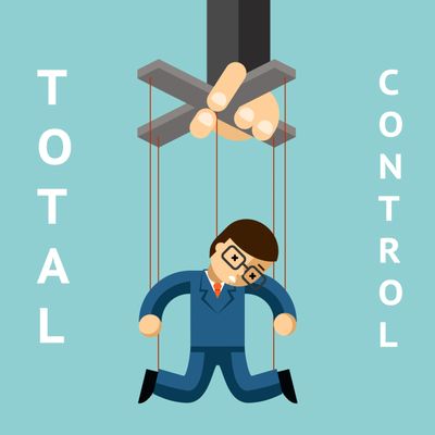 A puppet businessman controlled by strings symbolizing total control.