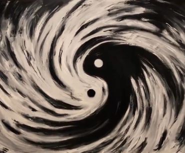 Artistic yin-yang symbol with swirling brush strokes.