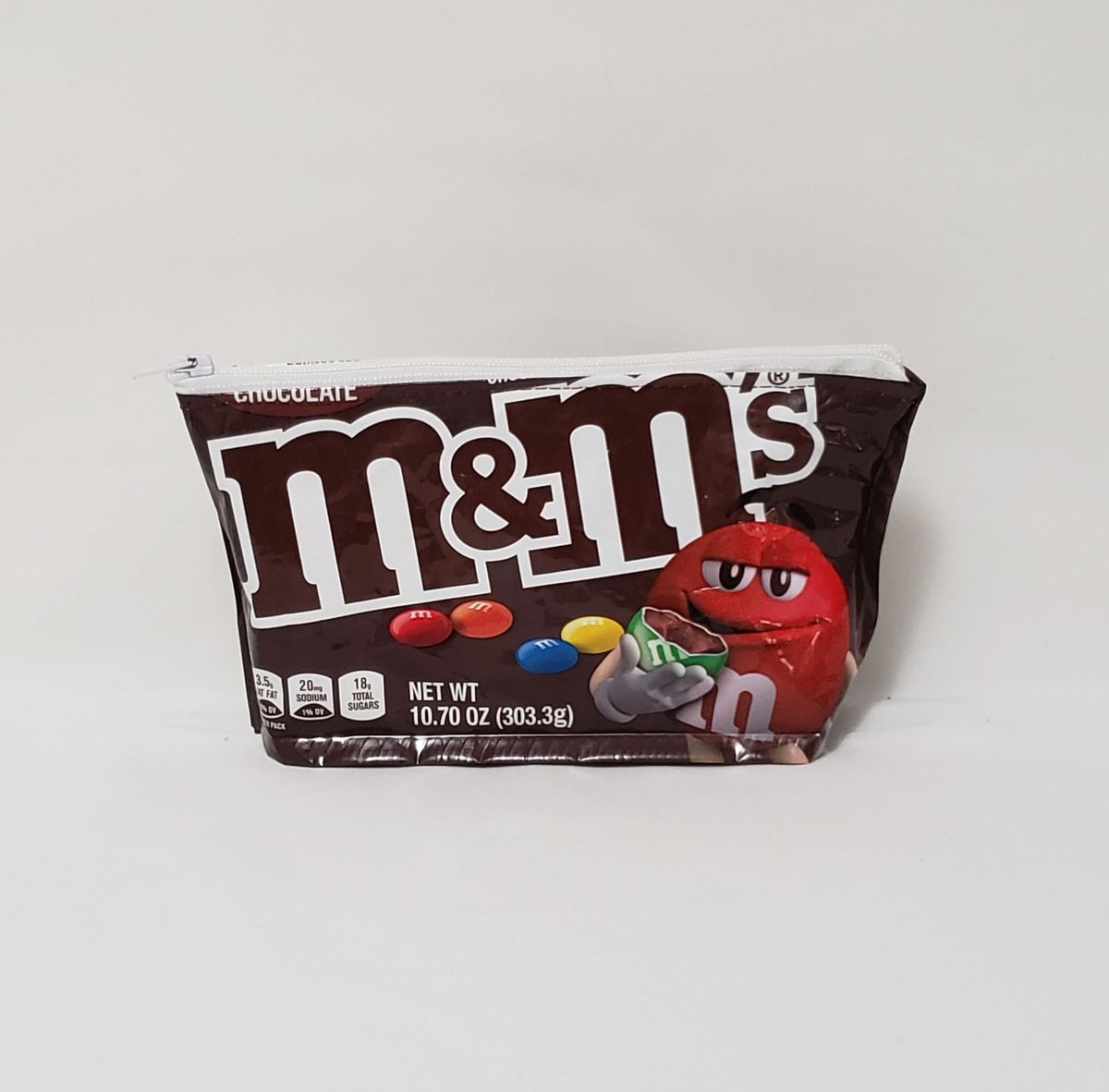 Upcycled M&M Candy Wrapper Zipper Pouch with White Zipper