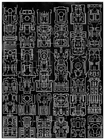 white correction ink on black painted paper, technical drawing of vertical machines