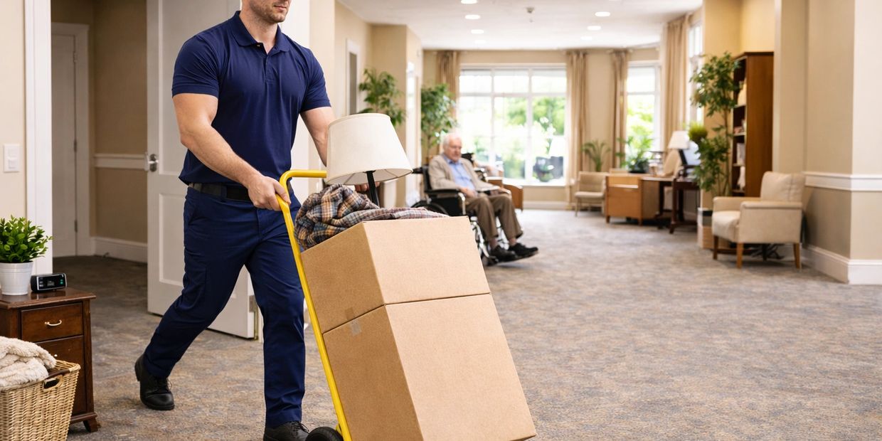 Mover helping a senior move into a suite at a care home in Kelowna, BC. 