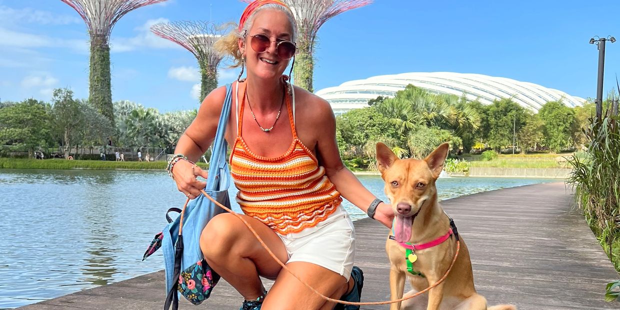 Philippa Pilkington and dog by the Gardens By The Bay Singapore