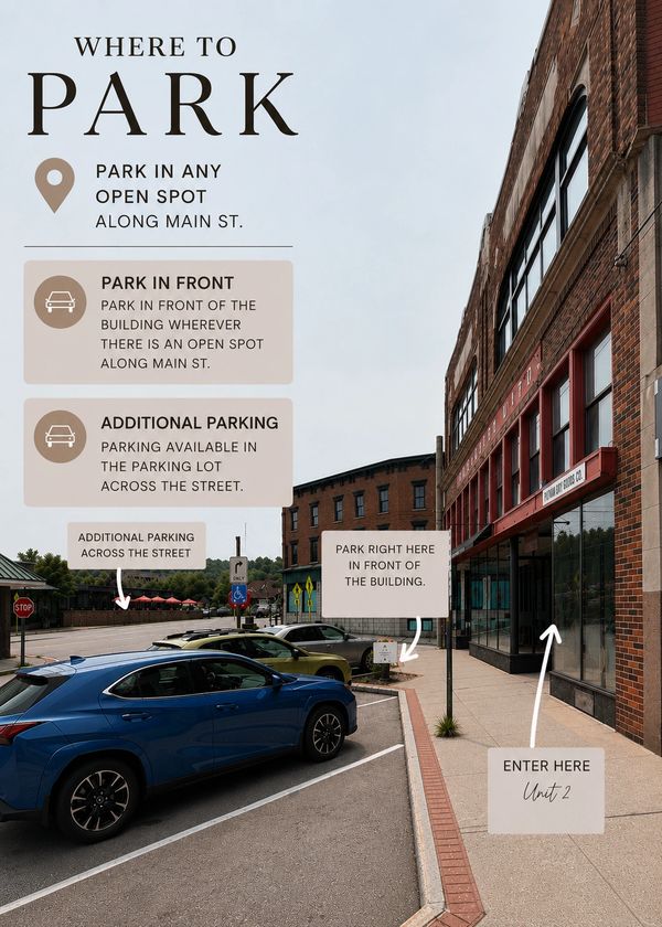 Parking instructions for Main Street with spots in front and additional lot.