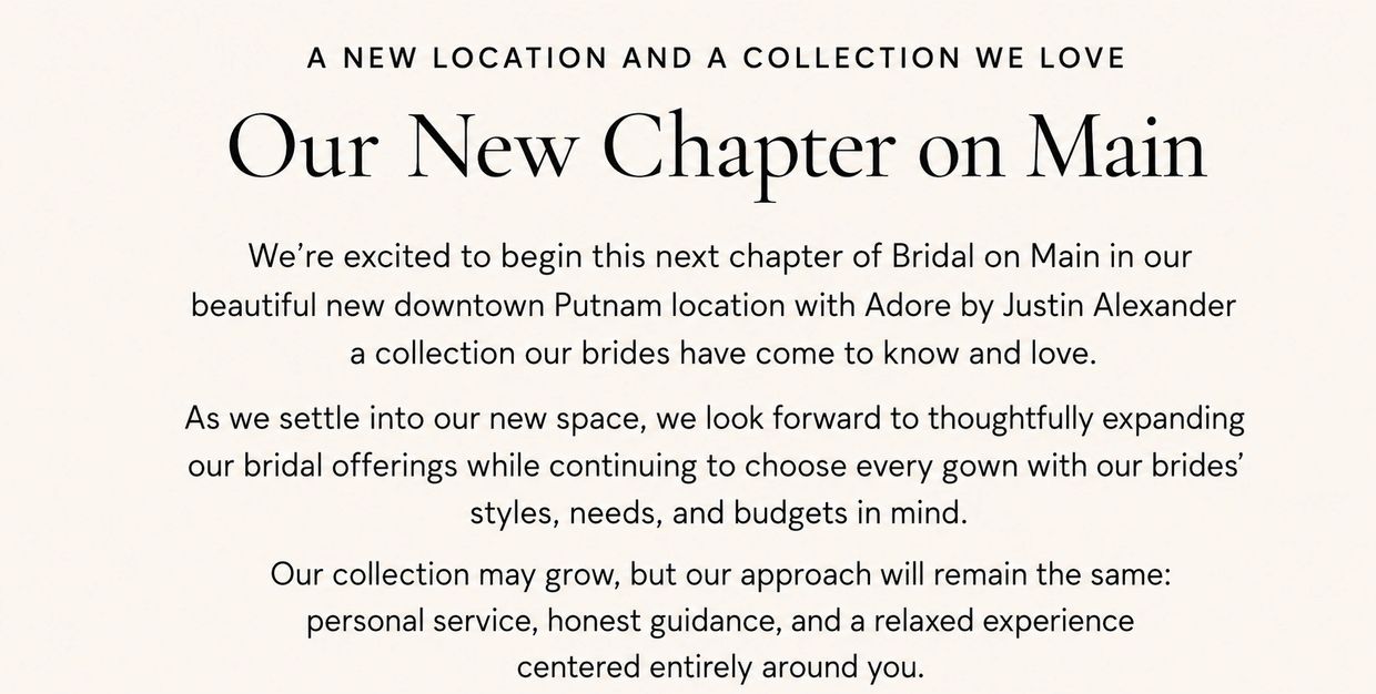 Announcement of a new bridal shop location in downtown Putnam.