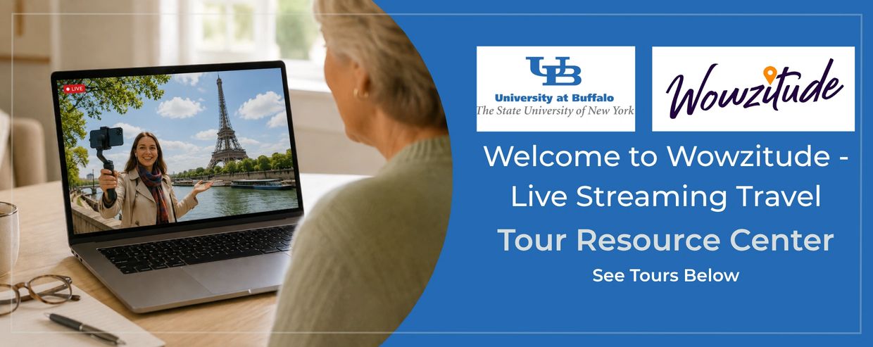 University at Buffalo and Wowzitude welcome banner showing an older adult watching a live-streamed t