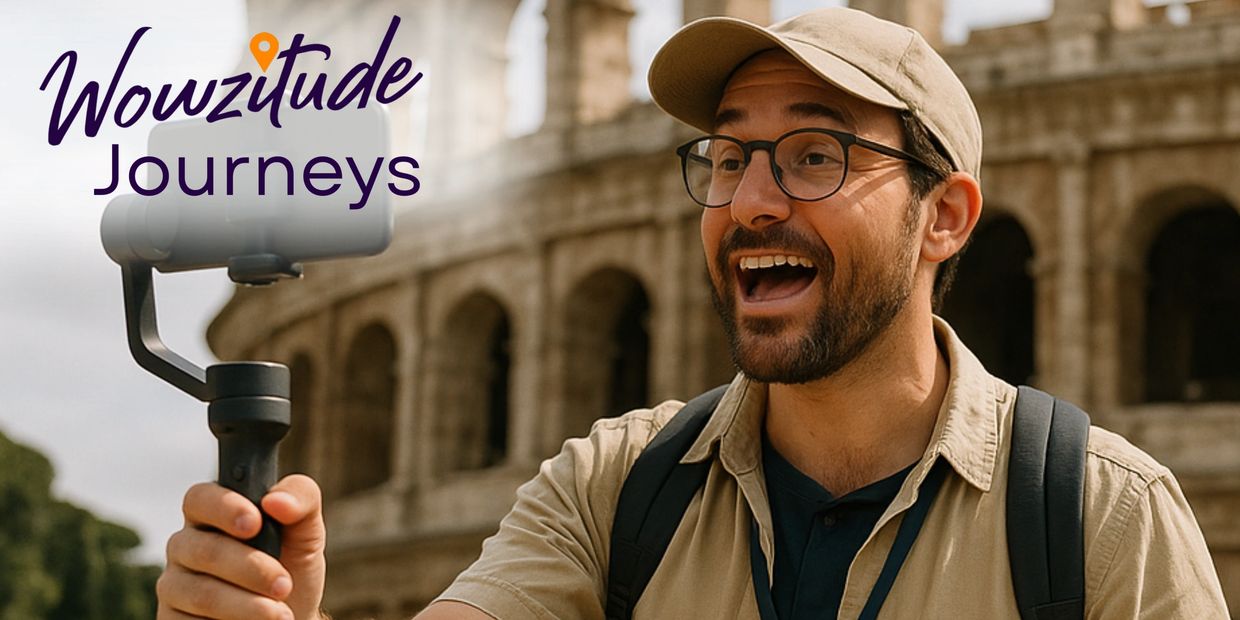 A man excitedly vlogging in front of an ancient amphitheater for Wowzitude Journeys.