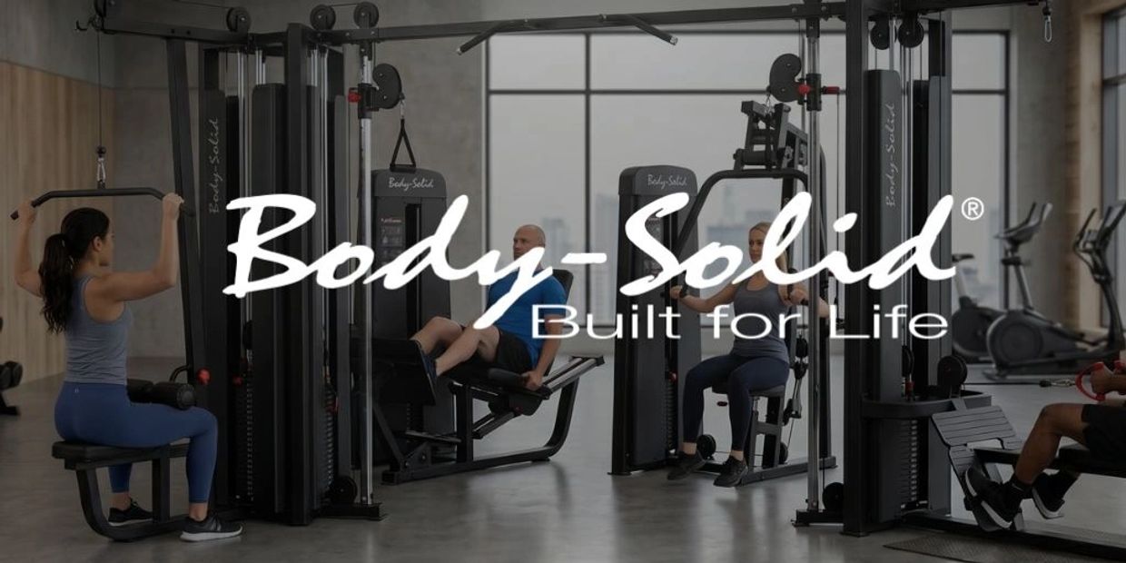 People exercising on Body-Solid gym machines in a modern fitness center.