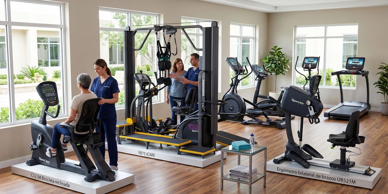 Modern gym with fitness machines and trainers assisting clients.