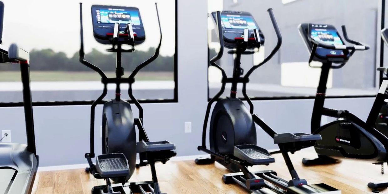 Modern elliptical machines in a bright gym with large windows.