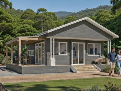 Modern gray cabin surrounded by greenery with a couple walking nearby.